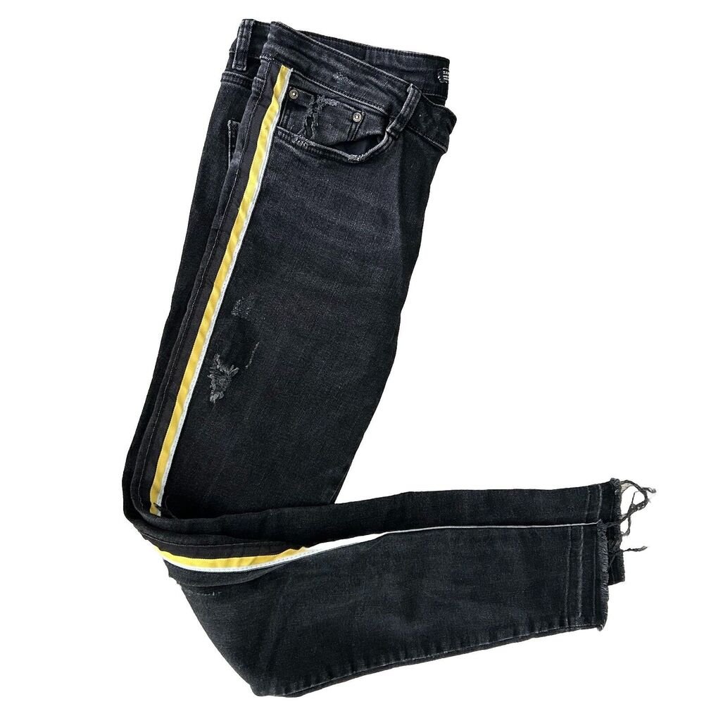 Zara Trafaluc Denim Jeans Womens 10 Distressed Black Yellow Stripe